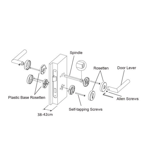 Exploded view van een deurklinkmontageset met spindel, rozetten en schroeven.