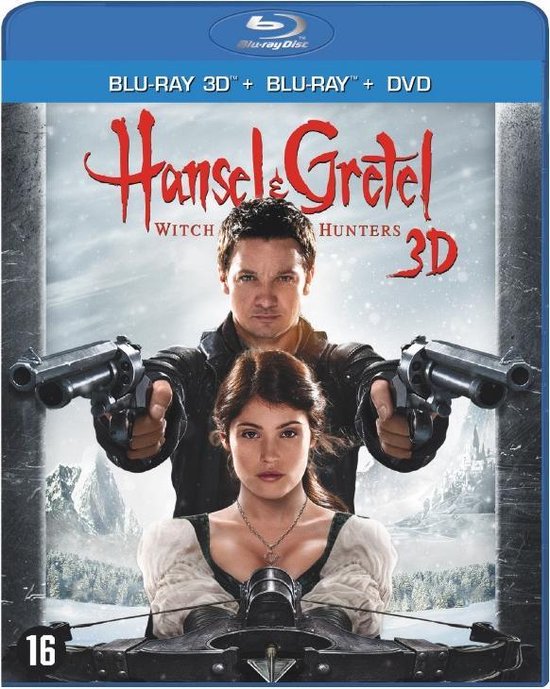Blu-ray hoes met Jeremy Renner en Gemma Arterton, voorop met wapens, met "Hansel & Gretel Witch Hunters 3D" erop.