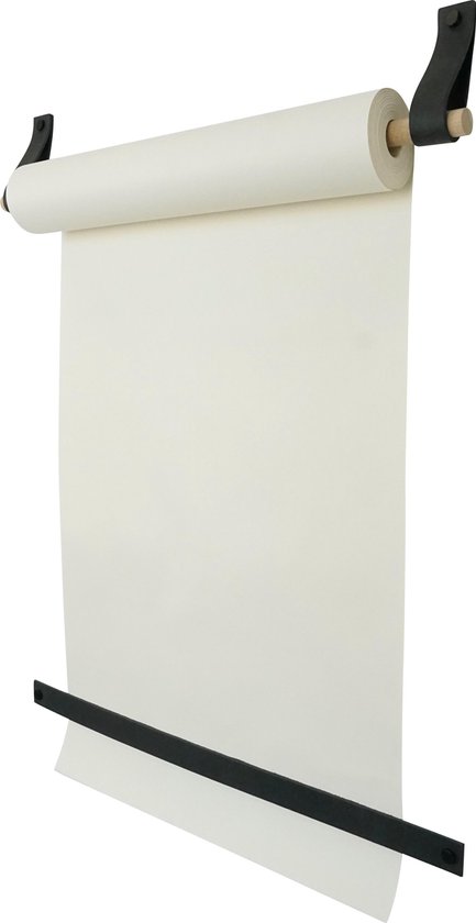 Tekenrol - aan leren lussen | VINTAGE BLACK (Papierrol: wit, Roldrager: rondhout) NU MET: verstevigde afscheurstrook! (wandborden - tekstborden - tekenbord)