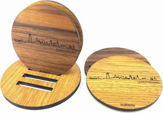 Skyline Onderzetters Terschelling - Eiken en noten hout - 4 stuk(s) + houder - Ø 9 cm Rond - Cadeau - Woon decoratie - Woonkamer - WoodWideCities