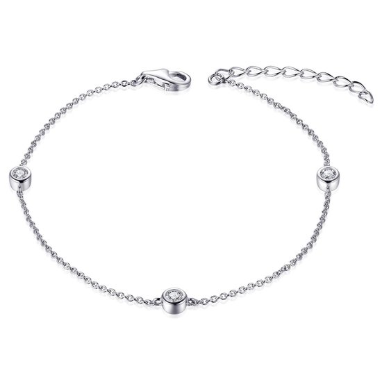 Gisser Jewels - Armband - Anker Schakel gezet met 3x Zirkonia in een Gladomzetting - 4mm Breed - Lengte 17+3cm - Gerhodineerd Zilver 925