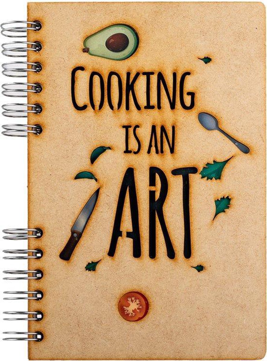 KOMONI - Duurzaam houten Notitieboek - Dagboek - Gerecycled papier - Navulbaar - A4 - Gelinieerd - Receptenboek - Cooking is an Art