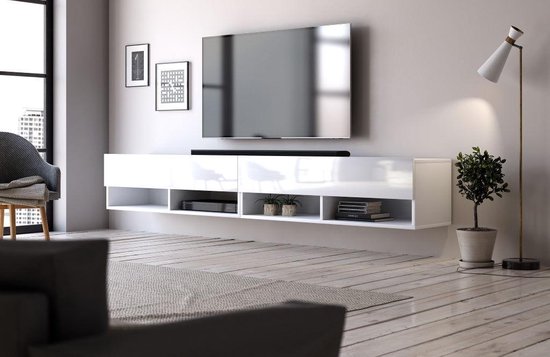 Meuble TV suspendu blanc brillant 200 cm - Design élégant et moderne | bol