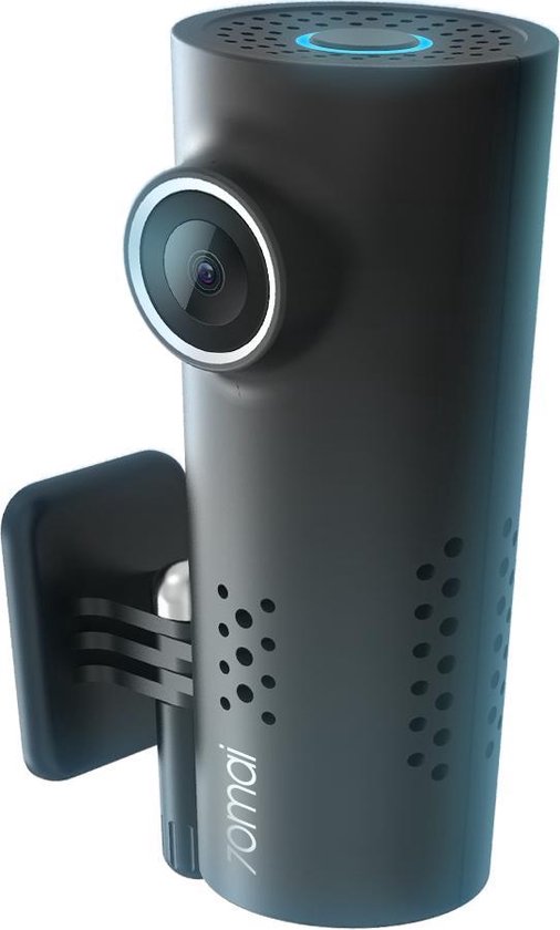 Cilindrische 70Mai dashcam in het zwart met een zilveren camera en bevestiging.