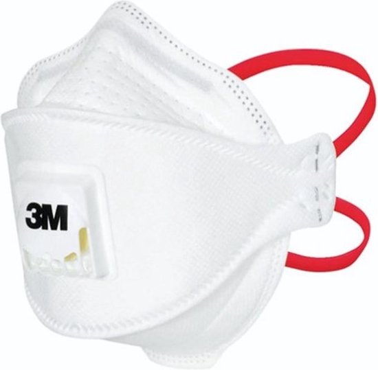 Wit 3M Aura 9332+ FFP3 masker met rode hoofdband en wit ventiel.