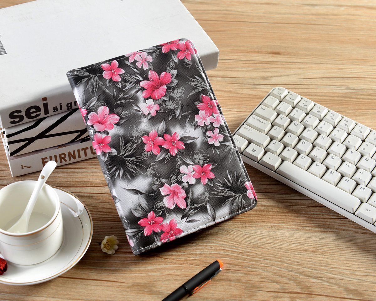 P.C.K. Hoesje/Boekhoesje/Bookcover/Bookcase/Book draaibaar zwart met roze bloemen print geschikt voor 7 inch Tablets universeel MET GLASFOLIE/TEMPEREDD GLASS