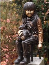 Tuinbeeld - bronzen beeld - Meisje op stoel met teddy - 0 cm hoog