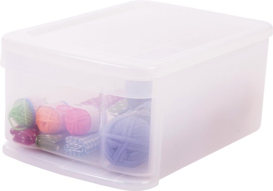 Doorzichtige opbergdoos met kleurrijke bollen wol en textiel erin.