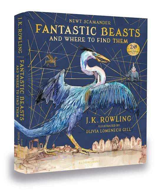 Boek 'Fantastic Beasts and Where to Find Them' met een blauwe reiger, gouden lijnen, en tekst in goud.
