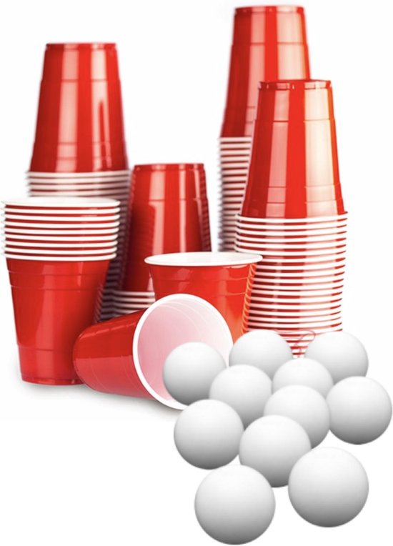 Afbeelding van het spel 100 Beer Pong Red Cups + 5 ping pong ballen met Spelregels - American rode Bier Pong compleet spel