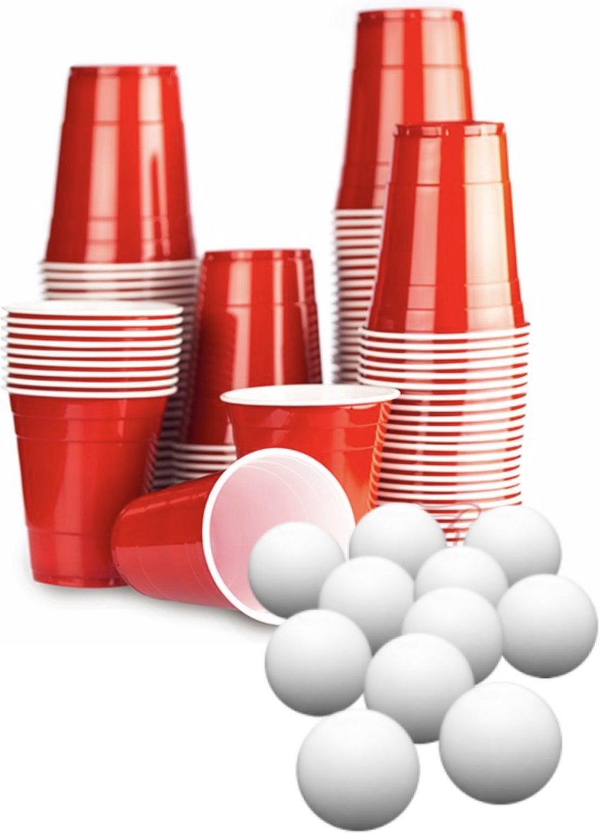 100 Beer Pong Red Cups + 5 ping pong ballen met Spelregels - American rode Bier Pong compleet spel - Red Celebration