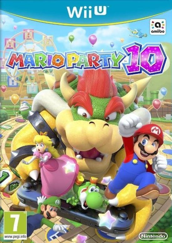 De cover van Mario Party 10 voor Wii U, met Bowser, Mario, Luigi, Peach en Yoshi.