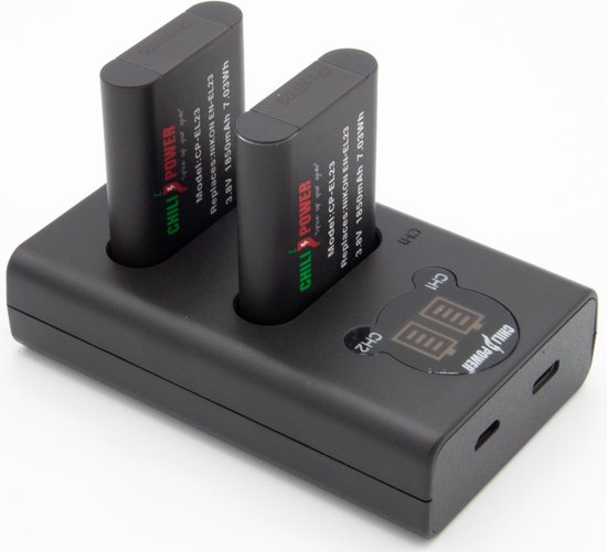 Nikon EN-EL23 accu set 2x 1850mAh + USB dubbellader voor Coolpix B700, P600, P610, P900, S810c