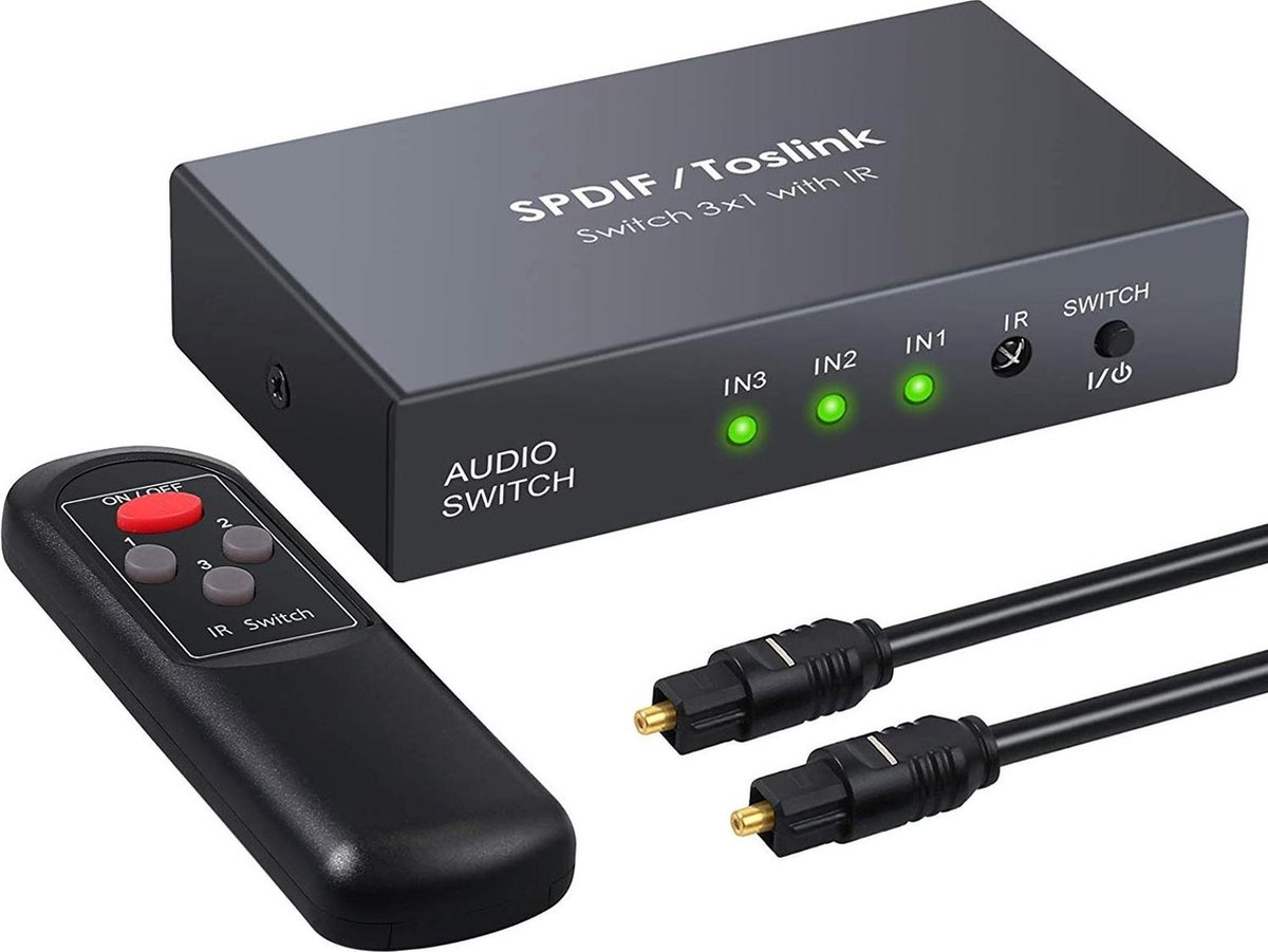 DrPhone 3x1 Digitale optische audio SPDIF Toslink – Glasvezelschakelaar met en IR-afstandsbediening – Zwart