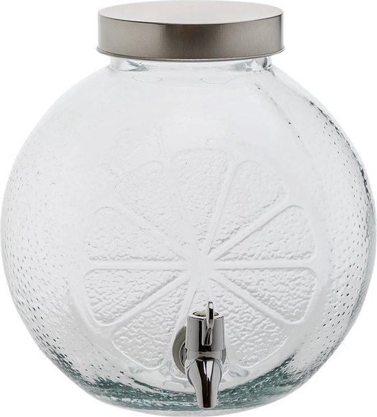 Glazen sapdispenser met fruit-reliëf en zilverkleurig kraantje, 4 liter.