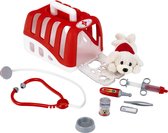 Klein Toys dierenartskoffer met knuffelhond - 24x18.5x16.5 cm - voerbak, stethoscoop, injectiespuit, thermometer, pincet, naamplaatje, blikje - rood wit