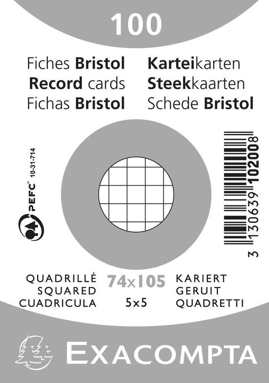 10x Pak 100 steekkaarten bristol in folie - geruit 5x5 niet geperforeerd 74x105mm, Wit