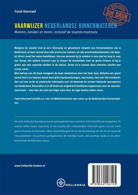 Achterflap van het boek Vaarwijzer Nederlandse binnenwateren. Met tekst over de inhoud en de serie.
ISBN 9789064106125.