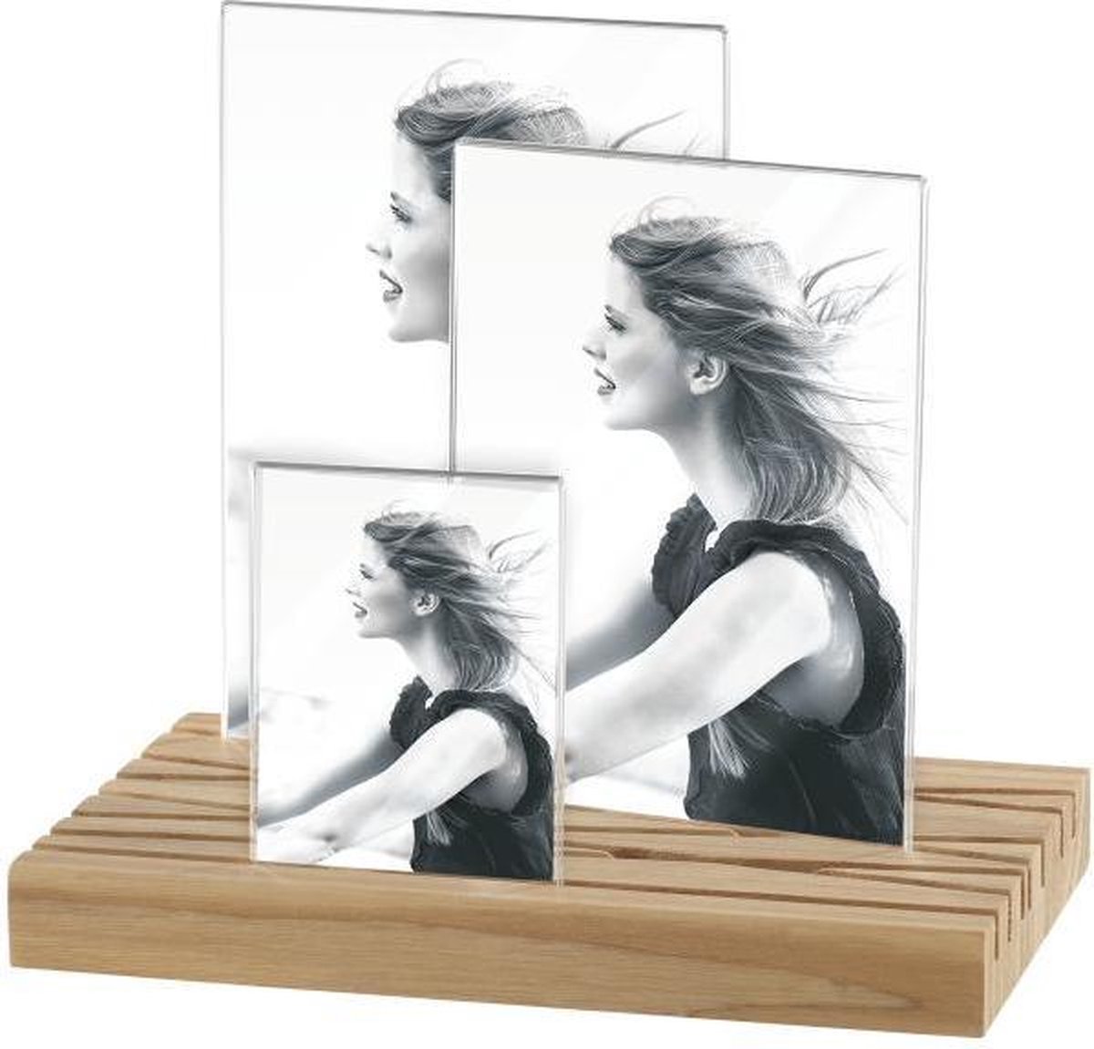 Mascagni - Multi Acryl fotolijst met houten naturel basis voor 1 foto 8x5.5, 1 foto 9x13 en 1 foto 10x15 WV A1161