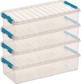 4x Sunware Q-Line opberg boxen/opbergdozen 6,5 liter  48,5 x 19 x 10,5 cm kunststof - Langwerpige/smalle opslagbox - Opbergbak kunststof transparant/blauw