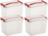 12x Sunware Q-Line opberg boxen/opbergdozen 9 liter 30 x 20 x 22 cm kunststof - Opslagbox - Opbergbak kunststof transparant/rood