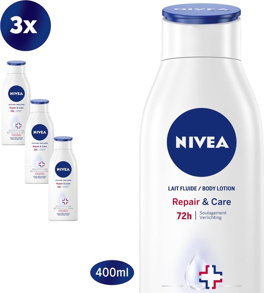 NIVEA Repair & Care Bodylotion - Body Care - Zeer droge huid - Hydrateert 72 uur lang - Bevat verzachtend panthenol - 3 x 400 ml voordeelverpakking - NIVEA