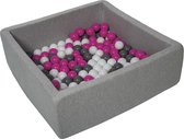 Ballenbak vierkant - grijs - 90x90x30 cm - met 150 wit, roze en grijze ballen