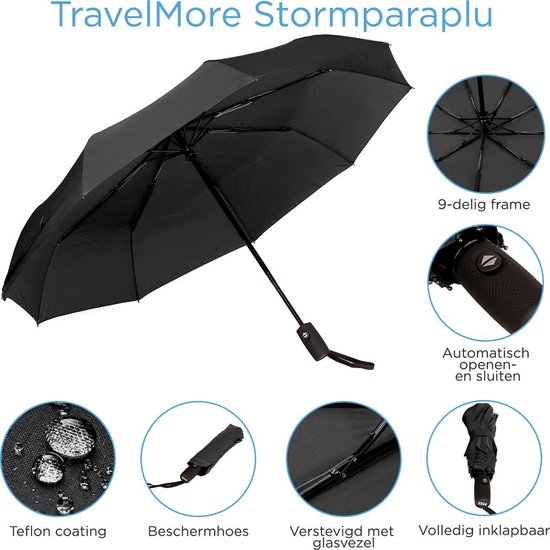TravelMore Automatische Stormparaplu – Opvouwbaar & Windproof tot 100km p/u - Ø 107 cm - Zwart