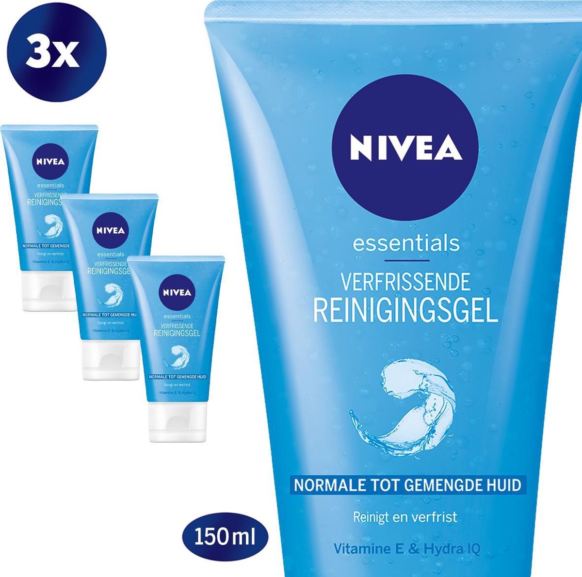 NIVEA Essentials Verfrissende Reinigingsgel - Gezichtsreiniger - 3 x 150 ml - Norm/Gem. Huid