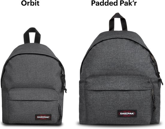 Vergelijking van de Eastpak Orbit en Padded Pak'r rugzakken, beide in donkergrijs denimlook.