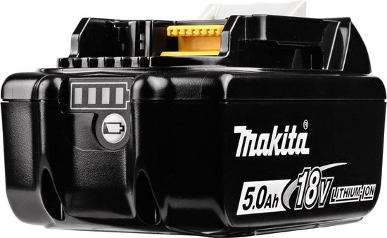 Zwarte Makita 18V 5.0Ah Li-ion accu met witte ontgrendelingsknop en batterij-indicator.