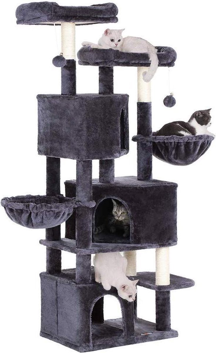 Nancy's XXL Kattenboom - Kat toren met 3 grotten - Krabpaal - Krabpalen voor katten -Donkergrijs - 55 x 40 x 164 cm
