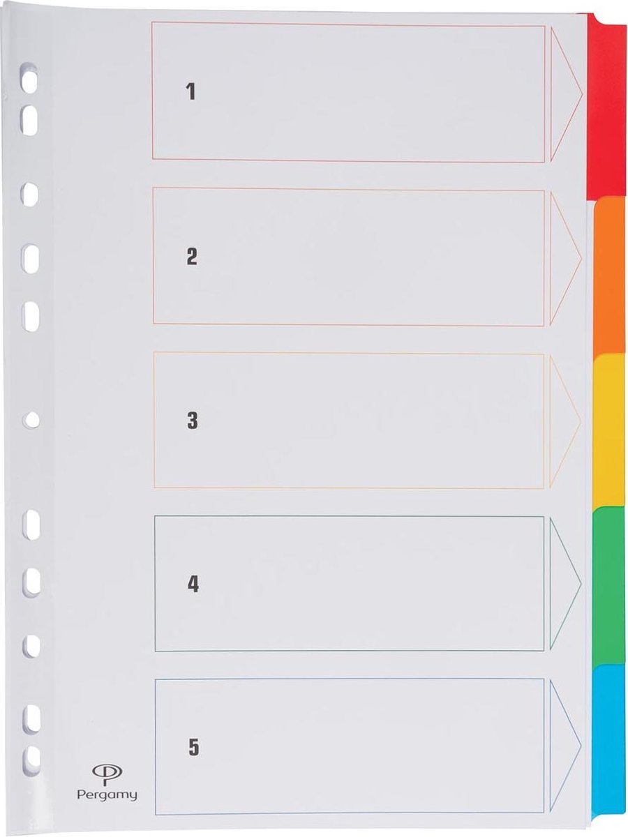 Pergamy tabbladen met indexblad, ft A4, 11-gaatsperforatie, geassorteerde kleuren, 5 tabs
