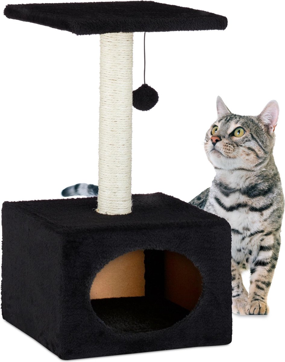 Relaxdays krabpaal voor katten - kattenkrabpaal - speelbal - kattenmand - 56 x 31 x 31 cm - zwart