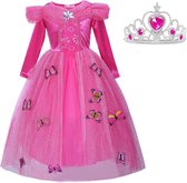 Prinsessen jurk verkleedjurk 104-110 (110) fel roze Luxe met vlinders + kroon verkleedkleding - Maatadvies: Valt normaal: bestel je eigen maat