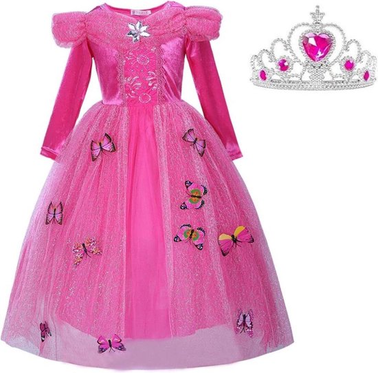 Doornroosje jurk Prinsessen jurk verkleedjurk 104-110 (110) fel roze Luxe met vlinders + kroon verkleedkleding meisje
