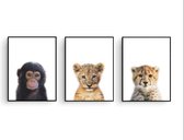 Postercity - Design Canvas Poster Jungle Set Baby Aapje, Cheeta en Tijger / Kinderkamer / Dieren Poster / Babykamer - Kinderposter / Babyshower Cadeau / Muurdecoratie / 50 x 40m