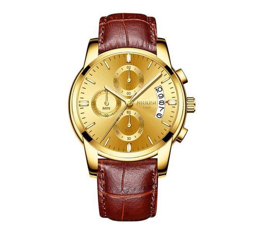 bol.com | Nibosi horloges voor mannen - bruin - gouden kast - goud uurwerk - Heren - Ø