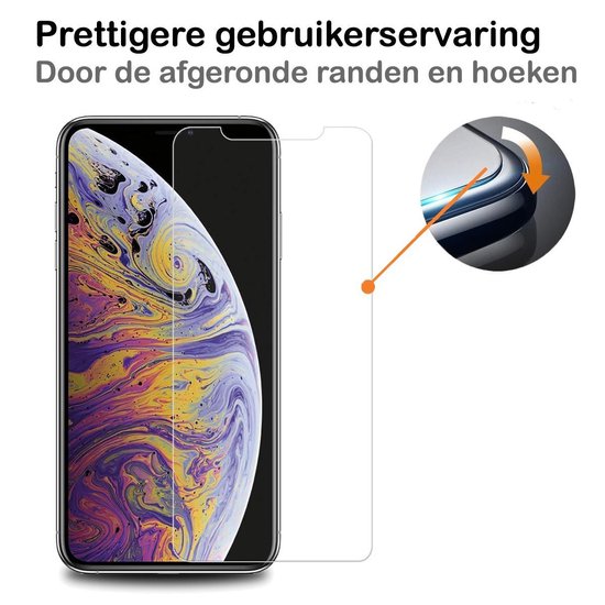 Schermprotector op een iPhone XS Max met weergave van de afgeronde randen en hoeken.