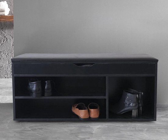 Banc de rangement pour armoire à chaussures avec espace de rangement - étagère à chaussures - avec coussin d'assise noir