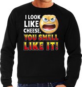 Funny emoticon sweater I look like cheese you smell zwart heren S (48)