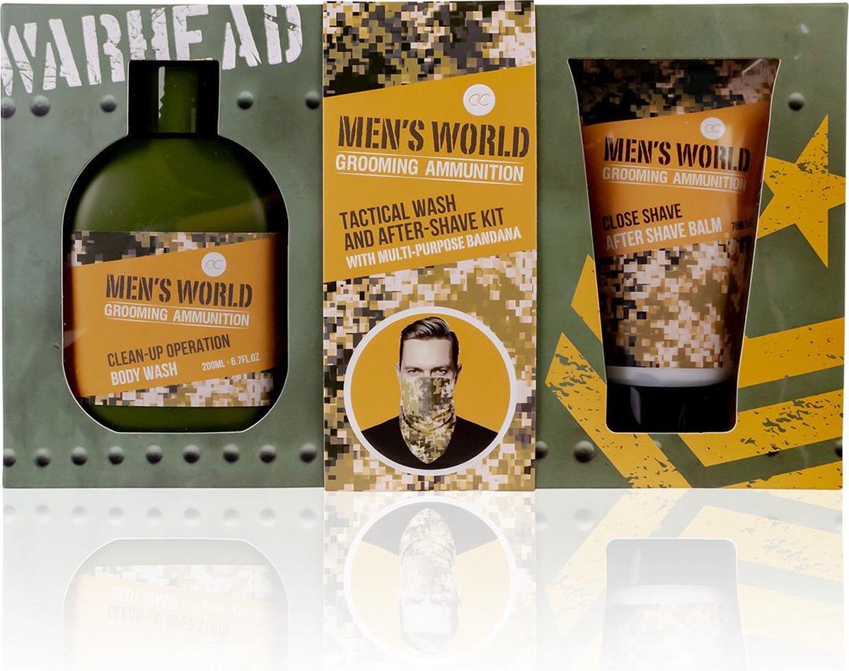 Goedkoopste Giftset man - MEN'S WORLD - After shave Balsem, Body wash en een Stoere Bandana - Oak & Amber geur - Cadeaupakket mannen, vriend, papa, broer, vader