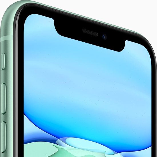 Close-up van de bovenrand van de lichtgroene iPhone 11, toont de notch met camera en sensoren.