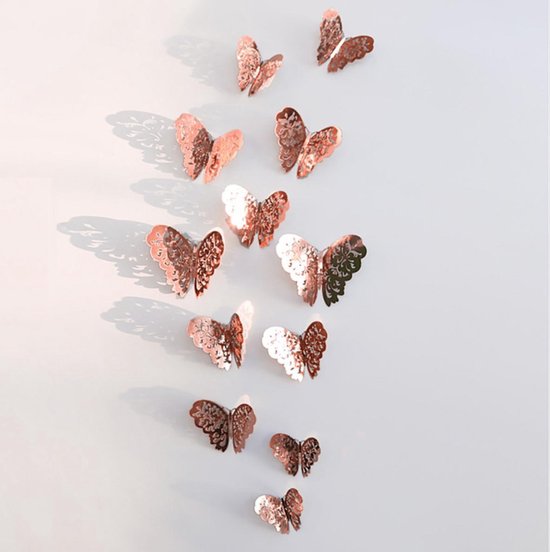 Stickers muraux 3D Rose / Or - Set élégant de 12 autocollants papillon en 3  tailles 