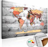 Afbeelding op kurk - Wereld Op Planken, Wereldkaart, Oranje/Grijs, Hout Look op Doek,1luik