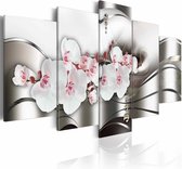 Schilderij - Schoonheid van de orchidee , wit zilver look , 5 luik
