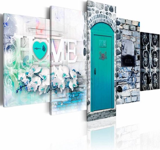 Schilderij Retro Huis Home Blauw Steen Look 5 Luik Bol schilderij-retro-huis-home-blauw-steen-look-5-luik-bol