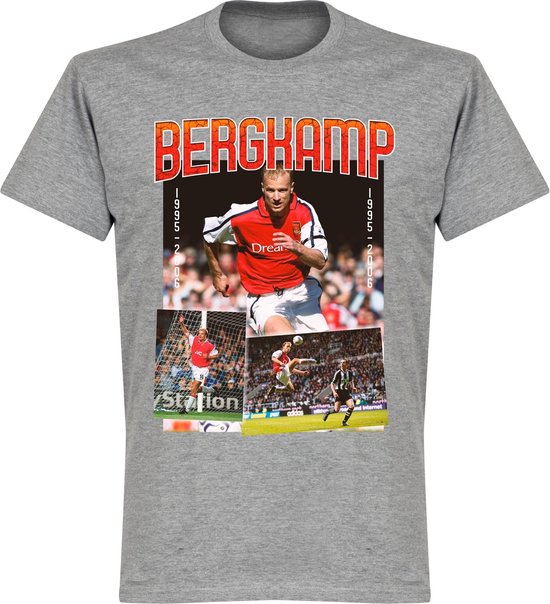 Grijs t-shirt met opdruk van Dennis Bergkamp in actie voor Arsenal, met '1995-2006' aan weerszijden.