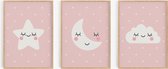 Babykamer/kinderkamer posters - 3 Posters - Roze - 20x30 cm - Wolk, ster & maan