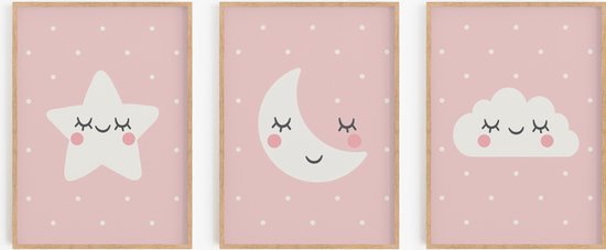 Babykamer/kinderkamer posters - 3 Posters - Roze - 20x30 cm - Wolk, ster & maan
